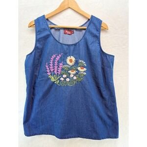 Avani Del Amour Women's XL Denim Sleeveless Tunic Top Embroidery‎ Floral